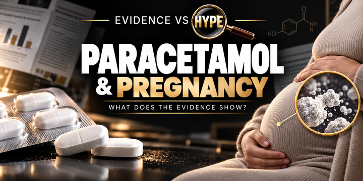 Black, white and gold Evidence vs Hype illustration of paracetamol tablets, pregnancy and scientific research; no causal relationship is depicted.