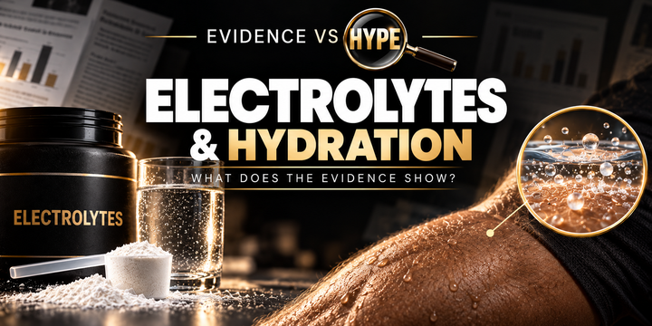 Evidence vs Hype electrolytes and hydration investigation, showing electrolyte powder, a glass of water, a sweaty forearm and conceptual water inset.