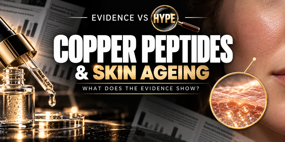 Evidence vs Hype copper-peptide serum artwork with a face and conceptual collagen inset illustrating wrinkle and firmness claims.