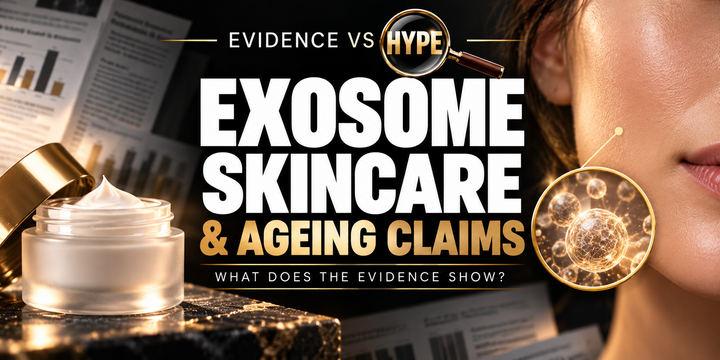 Evidence vs Hype exosome skincare artwork with serum, a face and a conceptual cell-vesicle inset illustrating repair and ageing claims.
