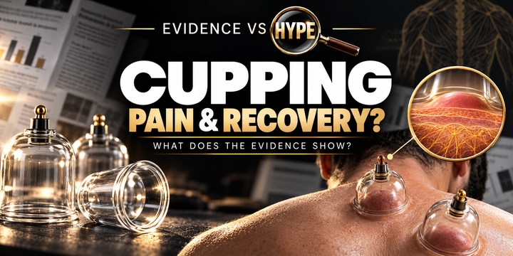 Evidence vs Hype cupping artwork showing transparent dry cups on an adult upper back; a conceptual suction-and-skin inset illustrates pain and recovery claims without toxin extraction.