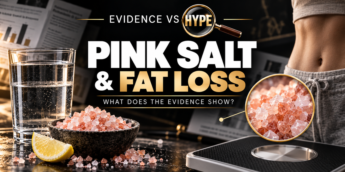 Evidence vs Hype pink salt investigation, showing pink salt crystals, water, lemon, scale and conceptual magnified salt.