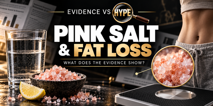 Evidence vs Hype pink salt investigation, showing pink salt crystals, water, lemon, scale and conceptual magnified salt.