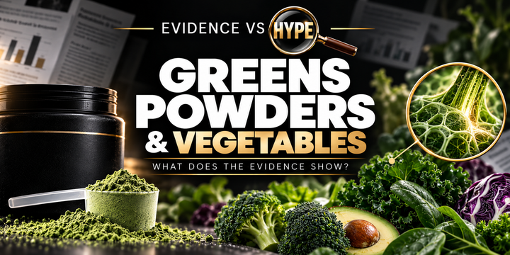 Evidence vs Hype greens-powder artwork with a scoop, unbranded jar and whole vegetables; a conceptual plant-fibre inset illustrates the comparison.