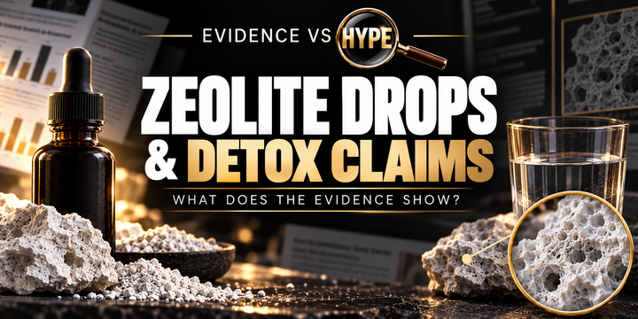 Black, white and gold Evidence vs Hype artwork of an unbranded zeolite dropper bottle, mineral granules and a glass of water; no removal of toxins from a body is depicted.