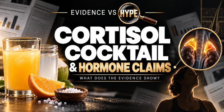 Evidence vs Hype artwork of orange juice, coconut water and salt beside a resting adult and conceptual adrenal inset; hormone claims are being investigated.