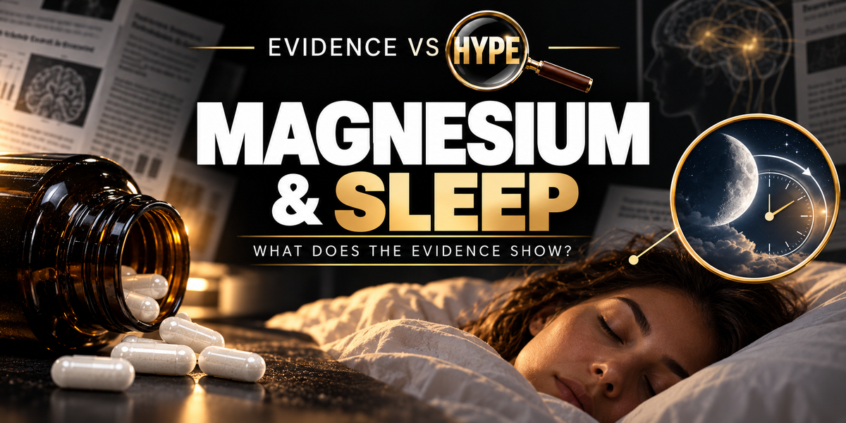 Black, white and gold editorial illustration of magnesium, a sleeping figure and scientific papers, representing an investigation of sleep rather than a treatment promise.