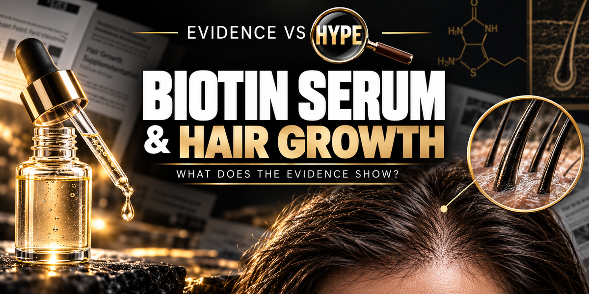 Black, white and gold Evidence vs Hype artwork of a serum dropper and natural scalp hair, illustrating topical biotin claims without a regrowth transformation.
