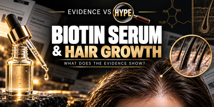 Black, white and gold Evidence vs Hype artwork of a serum dropper and natural scalp hair, illustrating topical biotin claims without a regrowth transformation.