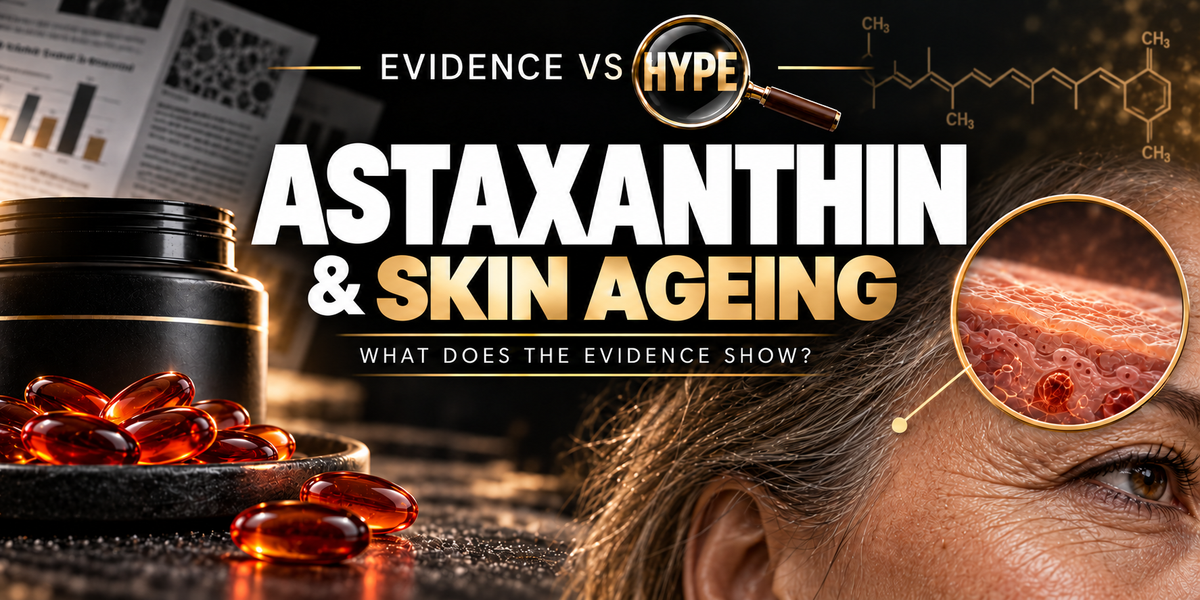 Black, white and metallic-gold editorial illustration of astaxanthin capsules, mature skin and a conceptual tissue inset; no before-and-after transformation or sunscreen claim.