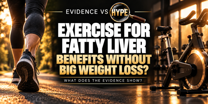 Evidence vs Hype artwork showing walking and a stationary exercise bicycle, asking whether exercise benefits fatty liver without major weight loss.