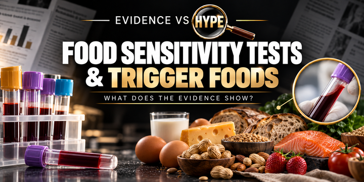 Food testing kit and a range of foods in the black, white and gold Evidence vs Hype featured image.