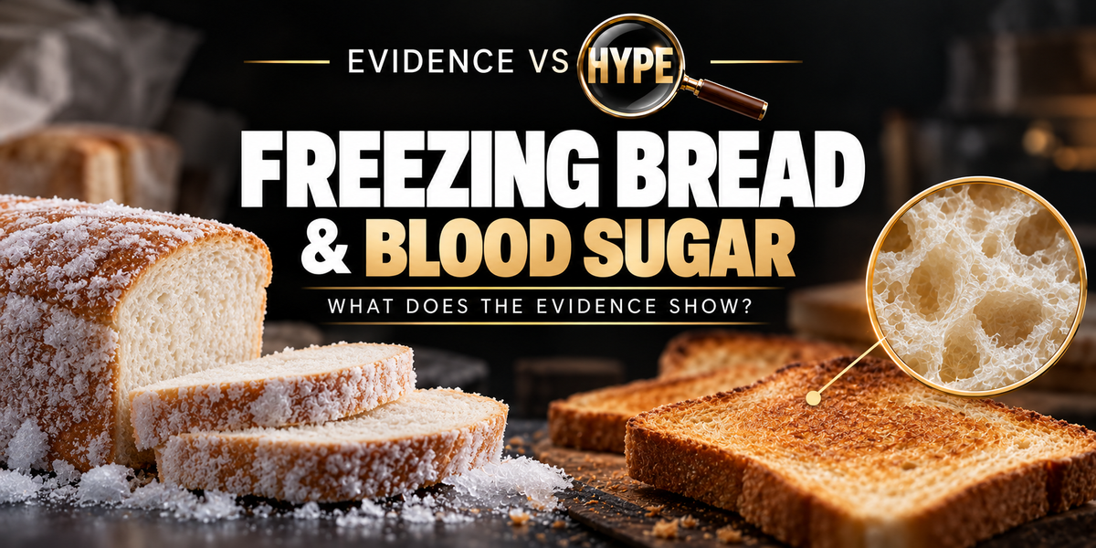 Evidence vs Hype: white bread slices partly frosted beside toast, gold-ring bread texture inset. Conceptual artwork for the investigation.