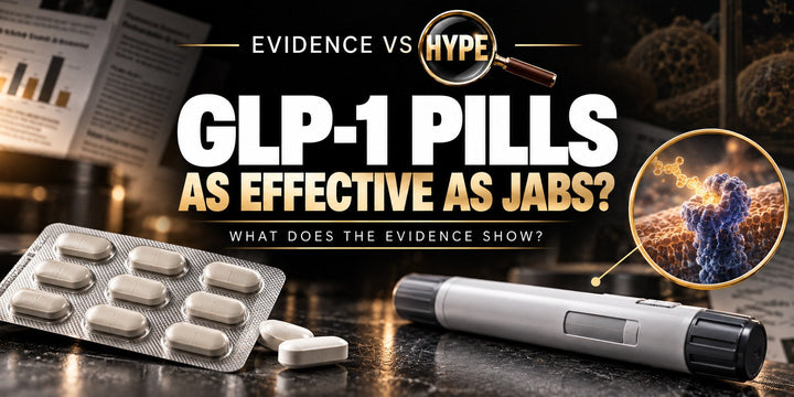 Evidence vs Hype GLP-1-pill artwork with an unbranded tablet blister and injection pen in a clinical setting. Conceptual comparison without a treatment endorsement.