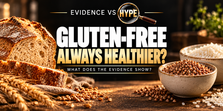 Evidence vs Hype editorial still life of wheat bread alongside naturally gluten-free grains, without implying either is universally healthier.