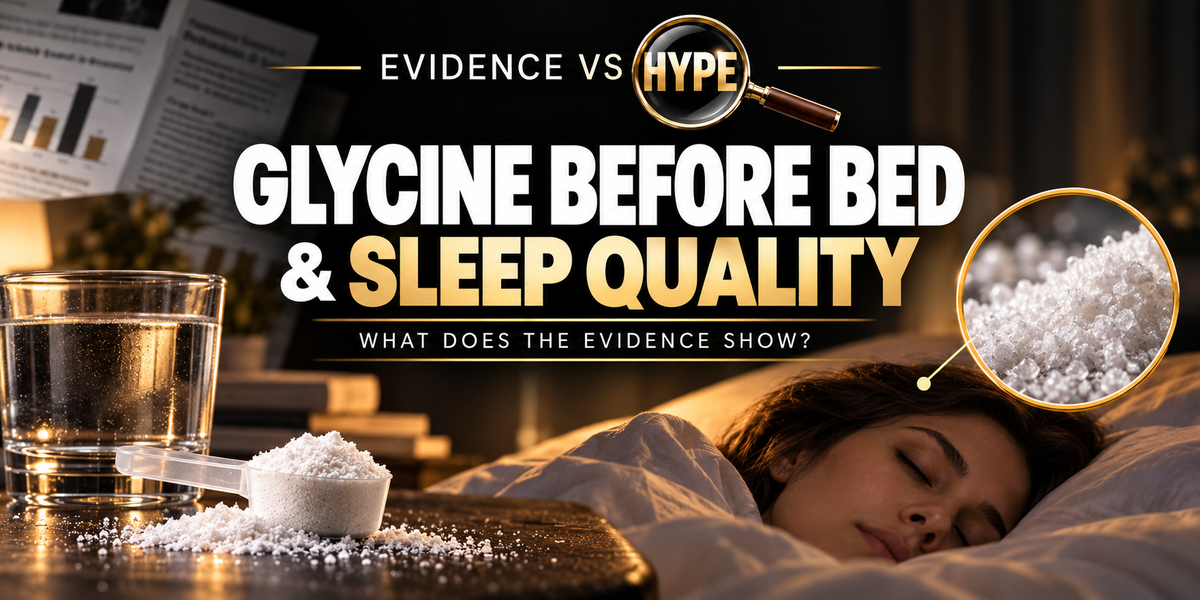 Glycine powder and sleep imagery in the black, white and gold Evidence vs Hype featured image.