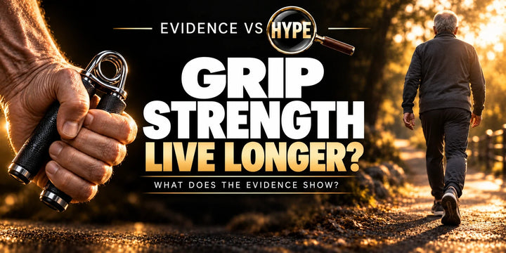 Evidence vs Hype artwork showing a hand using a grip trainer and an older adult walking, asking whether grip training extends life.