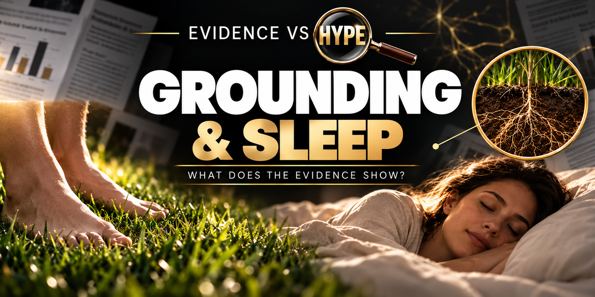 Black, white and gold Evidence vs Hype illustration of bare feet on grass and a restful adult with a conceptual soil inset; no proven electron-transfer health effect is depicted.