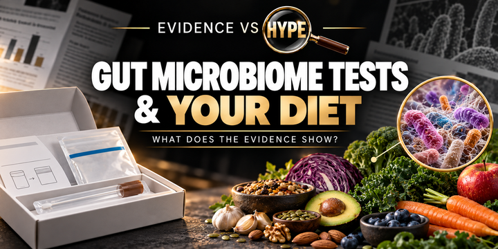 Home microbiome sample kit and food imagery in the black, white and gold Evidence vs Hype featured image.