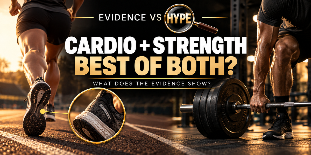 Evidence vs Hype: running and barbell strength training in the established black, white and gold artwork. Conceptual illustration of concurrent training.