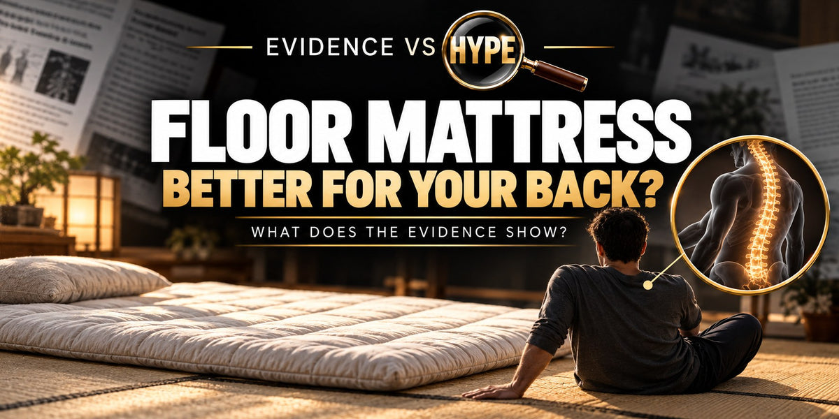 Evidence vs Hype floor-mattress artwork showing a thin Japanese shikibuton on tatami and a conceptual spine inset. It does not depict proven pain relief.