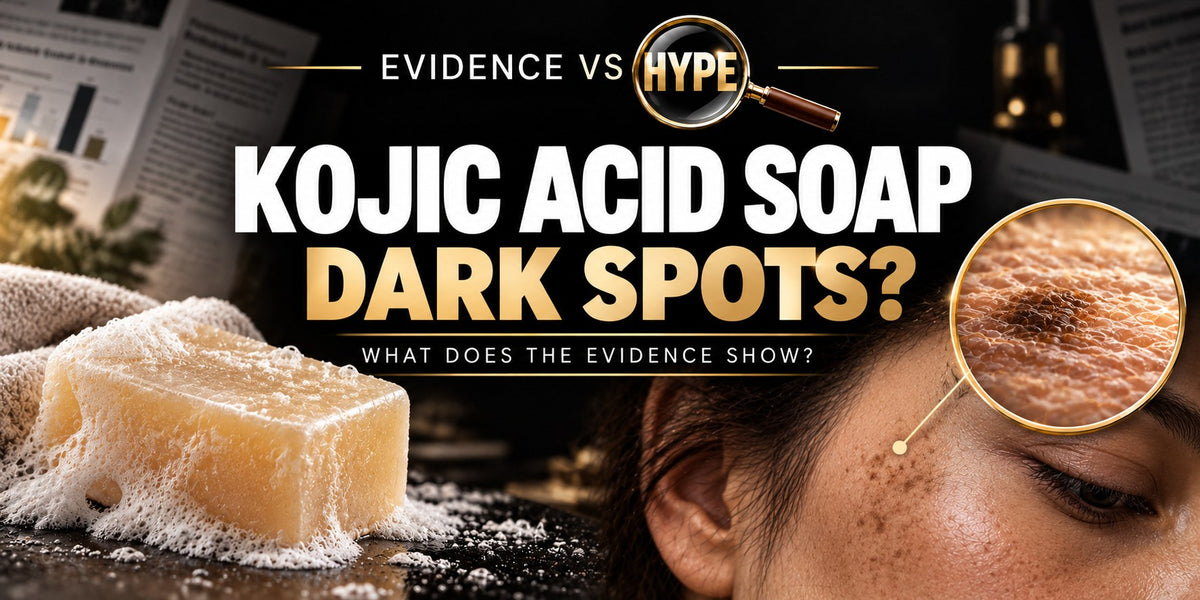 Evidence vs Hype kojic-acid-soap artwork with a soap bar, foam and natural facial pigmentation. Conceptual illustration without before-and-after claims.