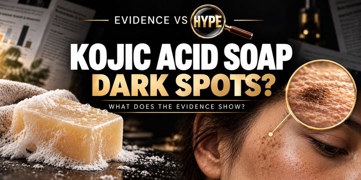Evidence vs Hype kojic-acid-soap artwork with a soap bar, foam and natural facial pigmentation. Conceptual illustration without before-and-after claims.