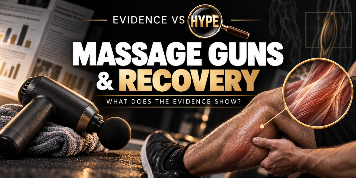 Massage gun and post-exercise recovery imagery in the black, white and gold Evidence vs Hype featured image.