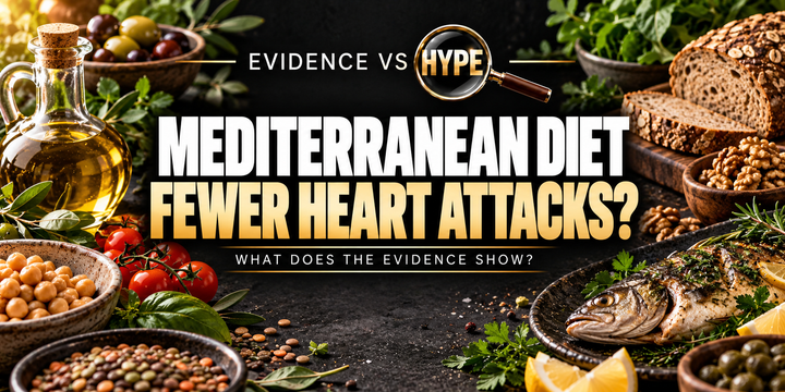 Evidence vs Hype artwork with vegetables, pulses, nuts, olive oil, wholegrain bread and fish, asking whether a Mediterranean diet reduces heart attacks.