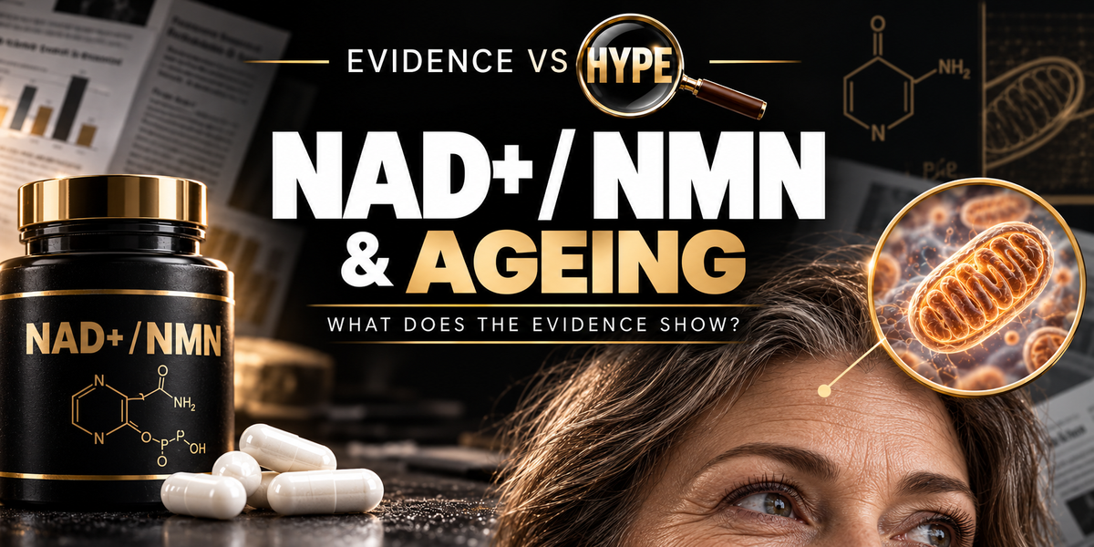 Evidence vs Hype: NAD+ and NMN supplements and ageing, with capsules, a mature face and magnified mitochondrion illustration.