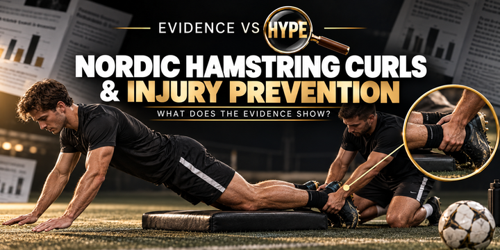 Assisted Nordic hamstring curl and football equipment in the black, white and gold Evidence vs Hype featured image.
