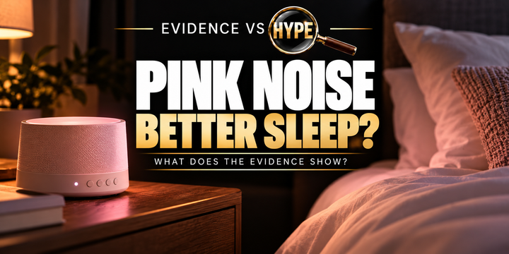 Evidence vs Hype editorial image of an unbranded bedside sound machine in a dark bedroom, asking if pink noise improves sleep.