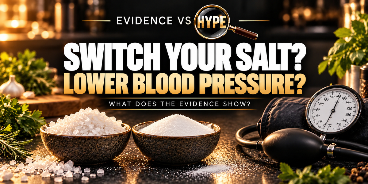 Evidence vs Hype artwork showing two bowls of white salt and a blood-pressure cuff, asking whether switching salt lowers blood pressure.