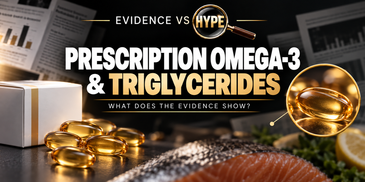 Unbranded prescription packaging and omega-3 softgels in the black, white and gold Evidence vs Hype featured image.