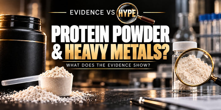 Evidence vs Hype investigation of protein powder and heavy metals, featuring clean unbranded powder, a sample vial and magnifying glass; metals are not depicted as visible contamination.