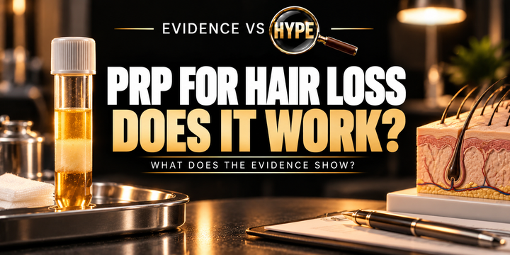 Evidence vs Hype editorial still life of an unbranded PRP tube beside a scalp consultation model, without graphic injection or a regrowth promise.