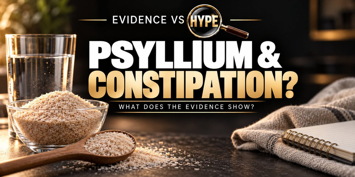 Evidence vs Hype psyllium constipation investigation with tan husks, a spoon, water glass and neutral notebook; no clinical outcome is illustrated.