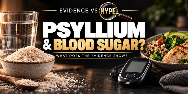 Evidence vs Hype psyllium and blood-sugar investigation with husks, water, a meal and blank glucose-meter screen; no measurement or treatment result is shown.
