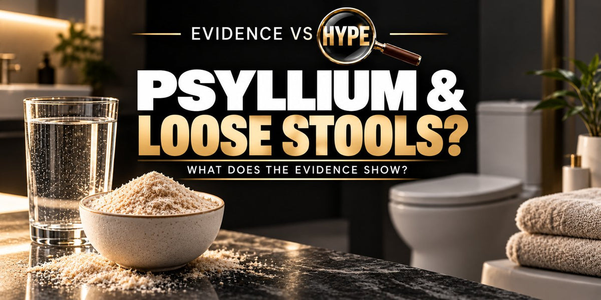 Evidence vs Hype investigation cover: psyllium husks and a glass of water with a discreet bathroom setting, titled Psyllium and Loose Stools?
