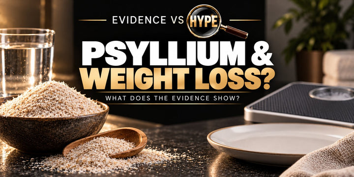 Evidence vs Hype psyllium appetite and weight-loss investigation with husks, water, a plate and neutral scale; no weight-loss result or drug equivalence is illustrated.