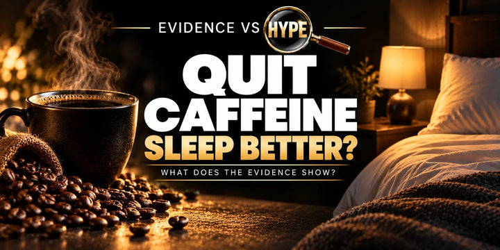 Black-and-gold Evidence vs Hype artwork with coffee and a bedside scene asking whether quitting caffeine improves sleep.