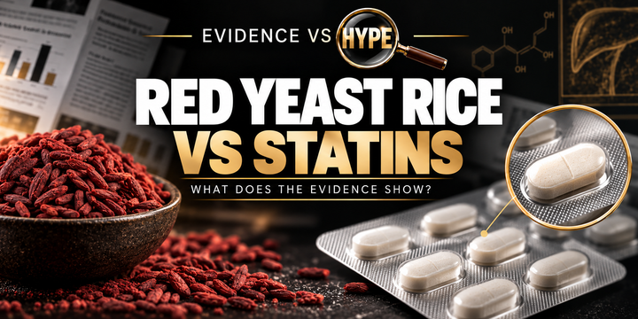 Red yeast rice and medicine blister pack in the black, white and gold Evidence vs Hype featured image.