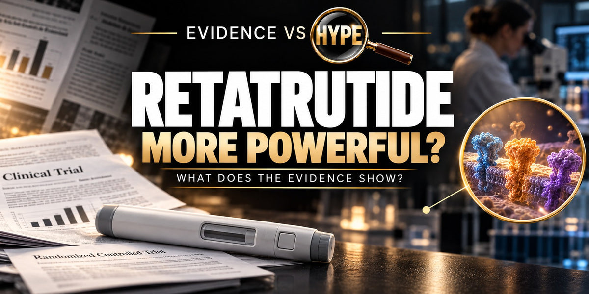 Evidence vs Hype retatrutide artwork with trial papers, an unbranded clinical injection pen and conceptual receptor imagery. It does not depict an approved product or recommend obtaining one.