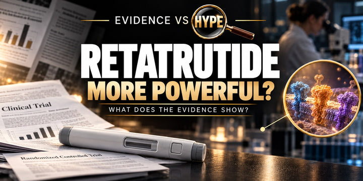 Evidence vs Hype retatrutide artwork with trial papers, an unbranded clinical injection pen and conceptual receptor imagery. It does not depict an approved product or recommend obtaining one.