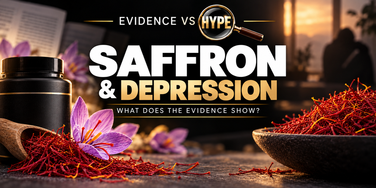 Evidence vs Hype: saffron threads and crocus flowers beside unbranded supplement bottle, respectful calm imagery no cure claim. Conceptual artwork for the investigation.
