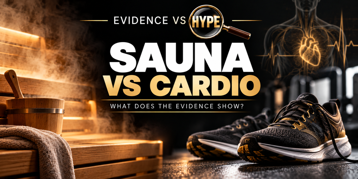 Evidence vs Hype illustration of wooden sauna bench with warm steam on one side and running shoes on the other; artwork represents the claim under investigation.