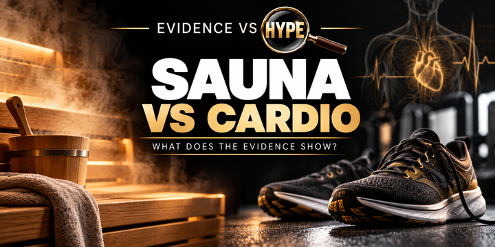 Evidence vs Hype illustration of wooden sauna bench with warm steam on one side and running shoes on the other; artwork represents the claim under investigation.