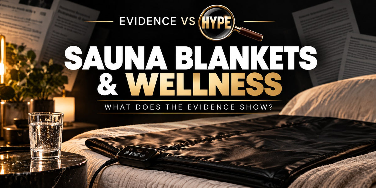 Evidence vs Hype infrared sauna blankets and wellness investigation with black blanket on a bed