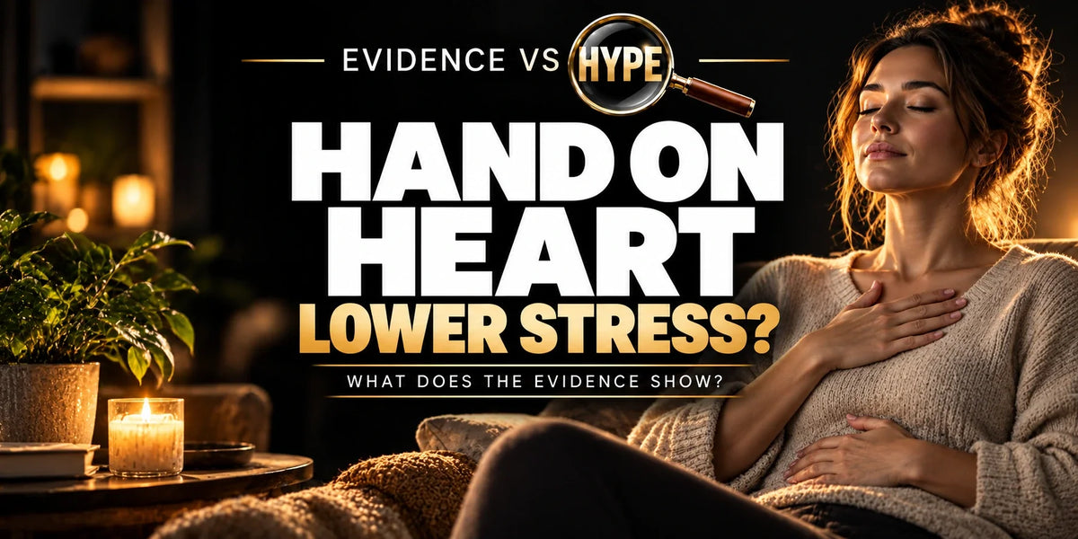Evidence vs Hype artwork showing an adult resting a hand over the chest and another on the abdomen, asking about self-soothing touch and stress.