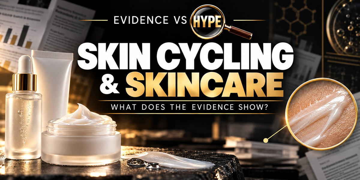 Evidence vs Hype skin cycling and skincare investigation with serum, moisturiser and tube